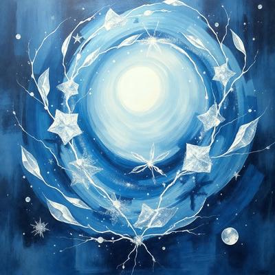 The primary subject of the image is a blue circle with a white center, which appears to be a painting or drawing. The setting is a dark blue background, and the visual style is a combination of digital art and illustration. The colors and mood of the image are predominantly dark and moody, with the blue circle and white center providing a contrasting focal point.